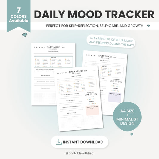 Daily Mood Tracker Printable, Self Care Journal, Mood Journal, Mental Health Tracker, Anxiety Tracker