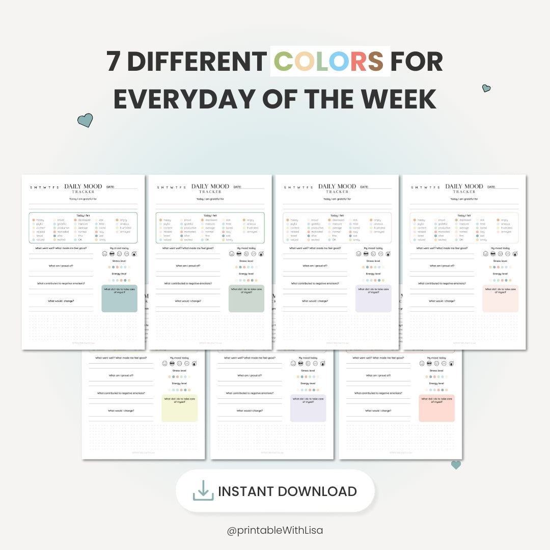 Daily Mood Tracker Printable, Self Care Journal, Mood Journal, Mental Health Tracker, Anxiety Tracker