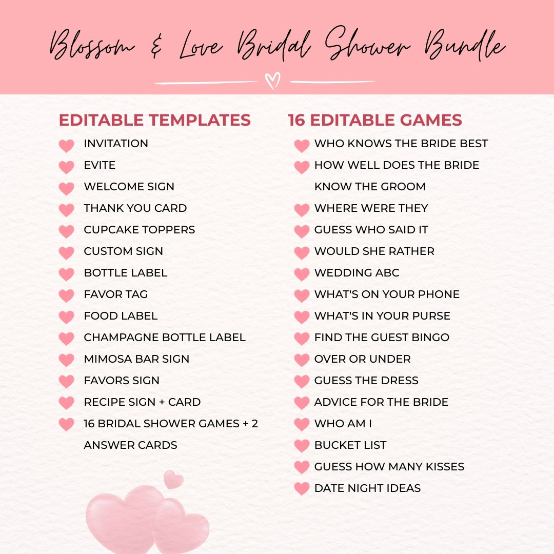 Blossom & Love Bridal Shower Collection โ Elegant Templates & Fun Games for a Perfect Celebration