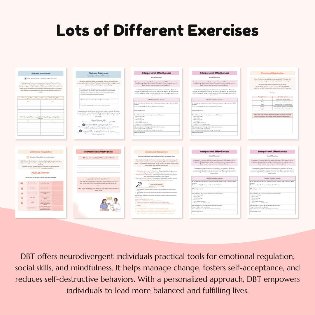 Neurodivergent Friendly DBT Skills, DBT Worksheets, DBT, Emotional Regulation, Neurodivergent, Autism, bpd, therapy worksheets, borderline