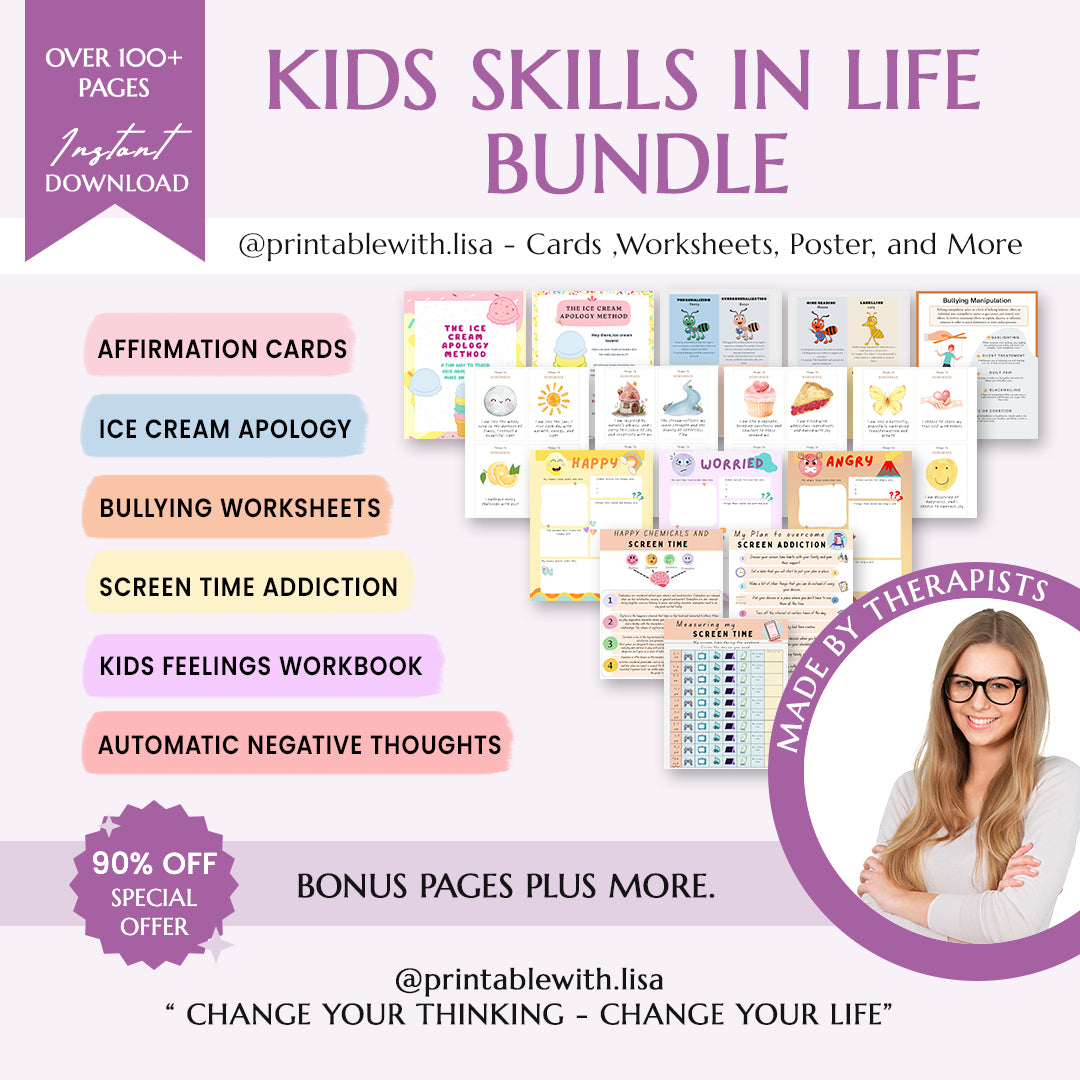 Kids skills in life essential bundle, 90% off, over 240 products. Therapy worksheets, calming corner, coping skills, anxiety, CBT worries