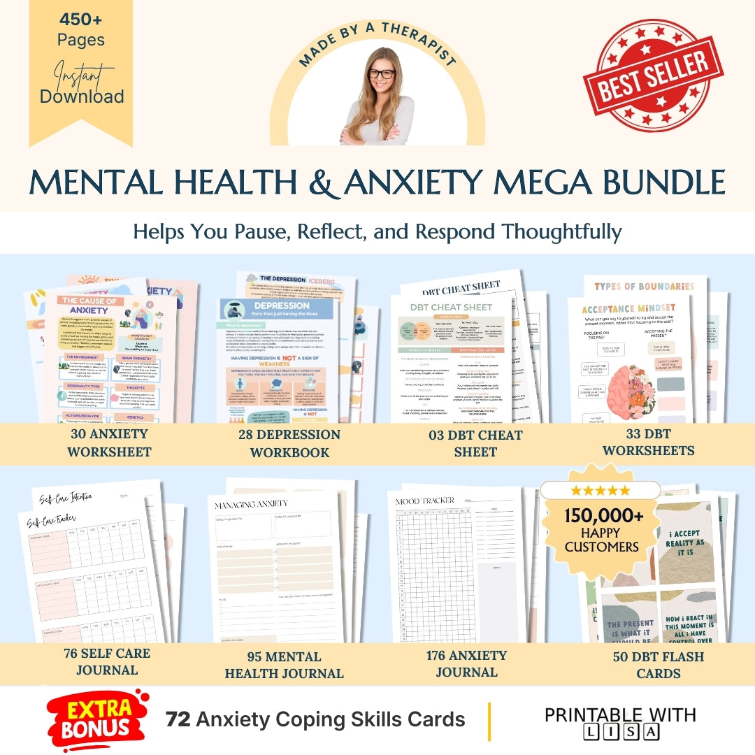 Mental Health / Anxiety Bundle 90% off bundle, DBT Flash Card, DBT Cheat Sheet, DBT Worksheet, Mental Health Journal, Self-Care Planner, Anxiety Journal