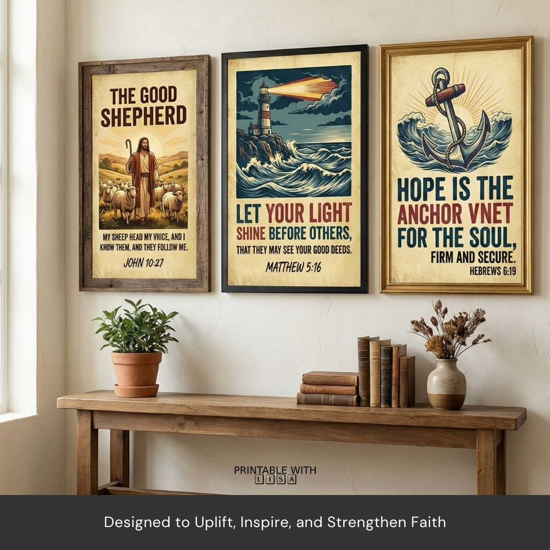 The Good Shepherd Scripture Wall Art Set – 18 Vintage Christian Designs