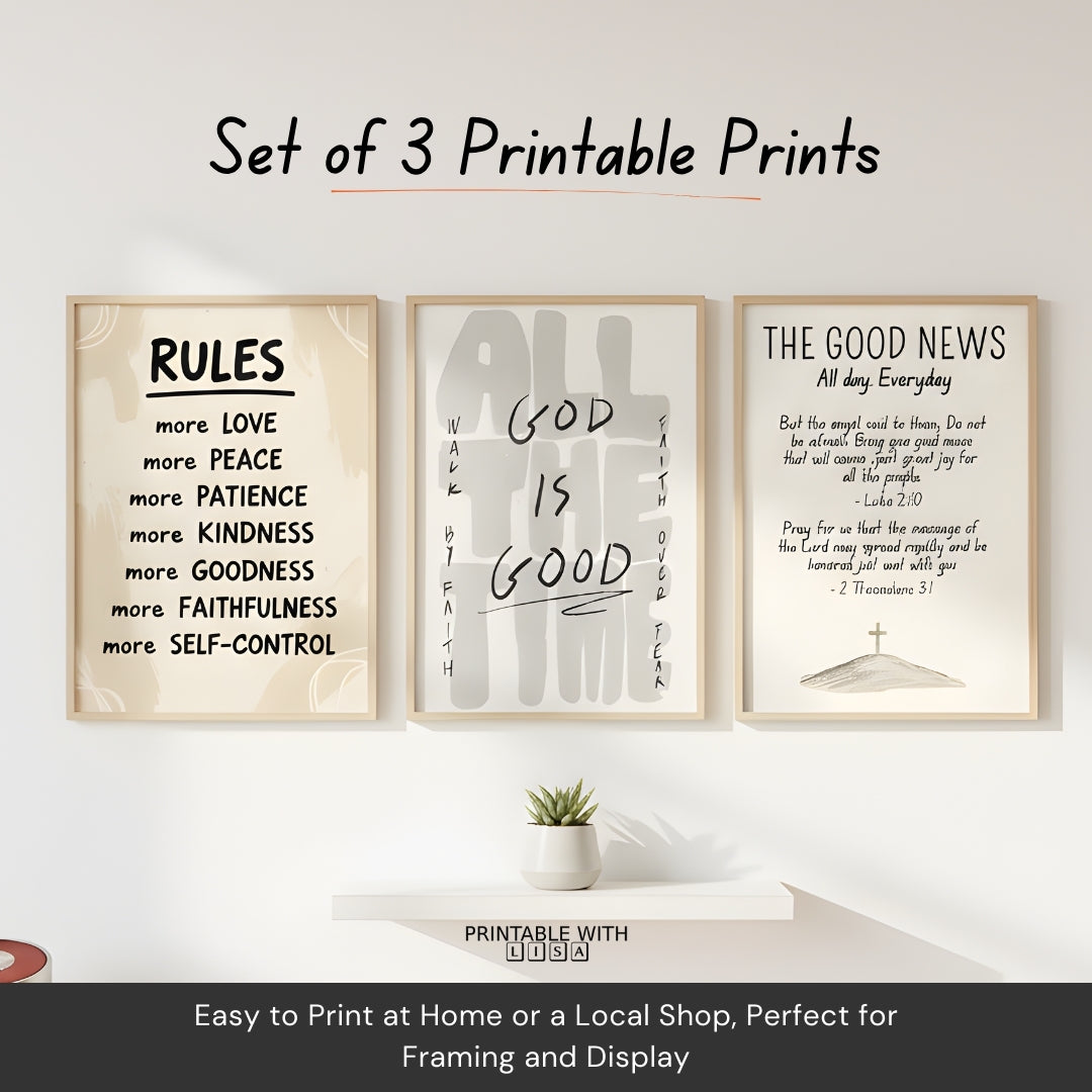 Set of 3 Christian Wall Art – God Is Good, Rules & The Good News