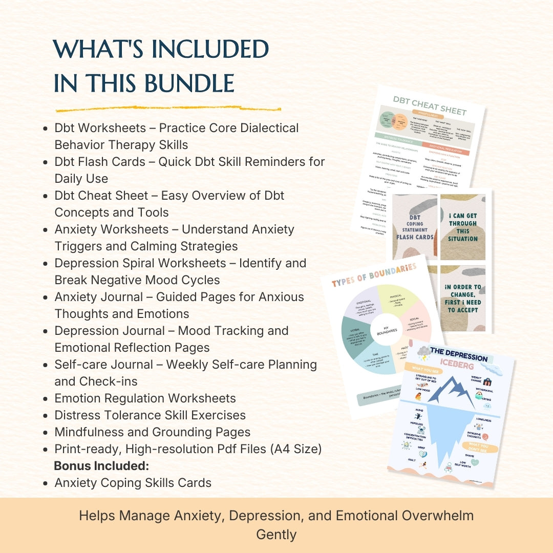 Mental Health / Anxiety Bundle 90% off bundle, DBT Flash Card, DBT Cheat Sheet, DBT Worksheet, Mental Health Journal, Self-Care Planner, Anxiety Journal