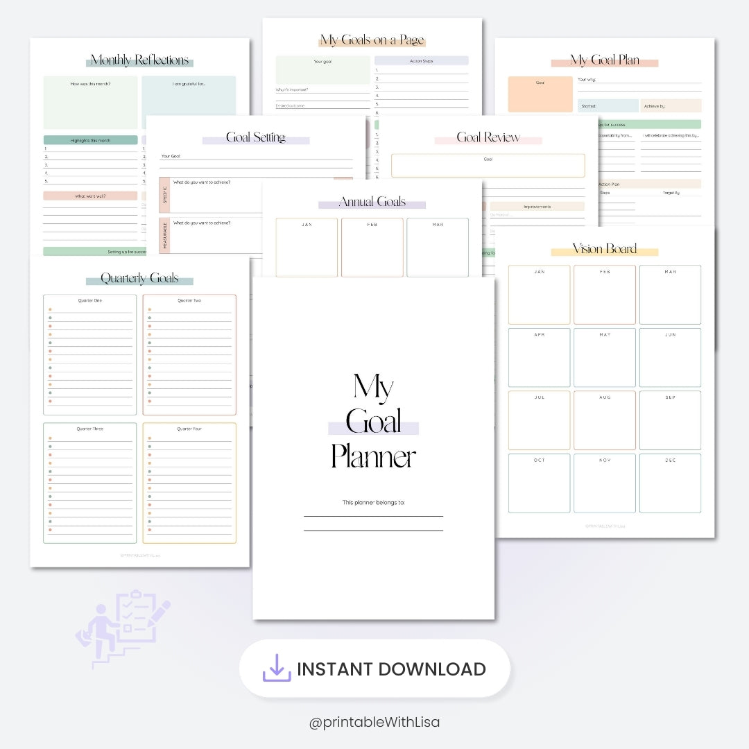 Goal Planner Kit, Goals Tracker, SMART Goal Setting, New Year, Monthly Habits Reflections, Productivity