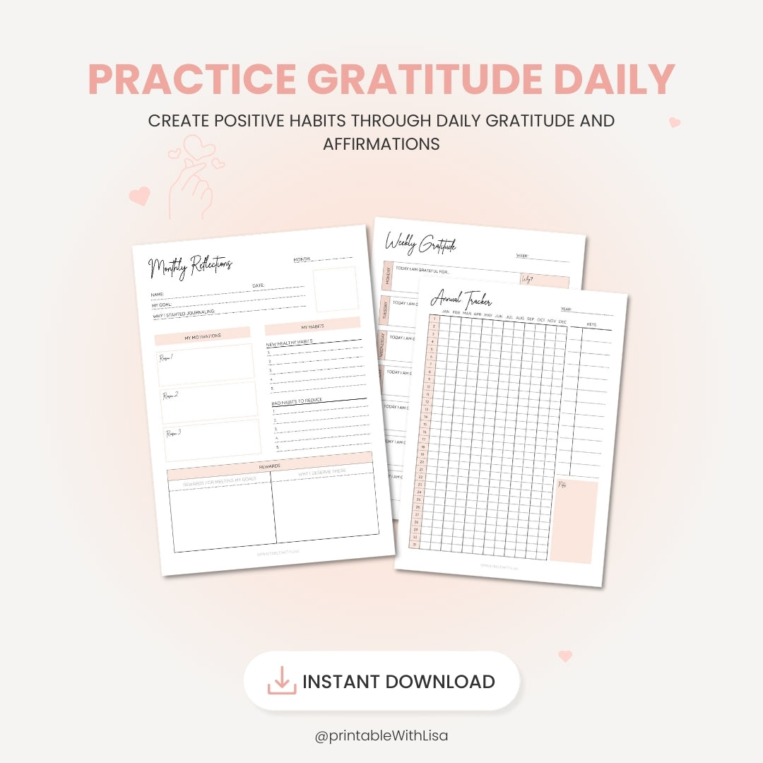 Gratitude Journal Printable Bundle, Wellness Planner, Mindfulness Journal, Self Care Planner, Manifest Your Dreams, Law of Attraction