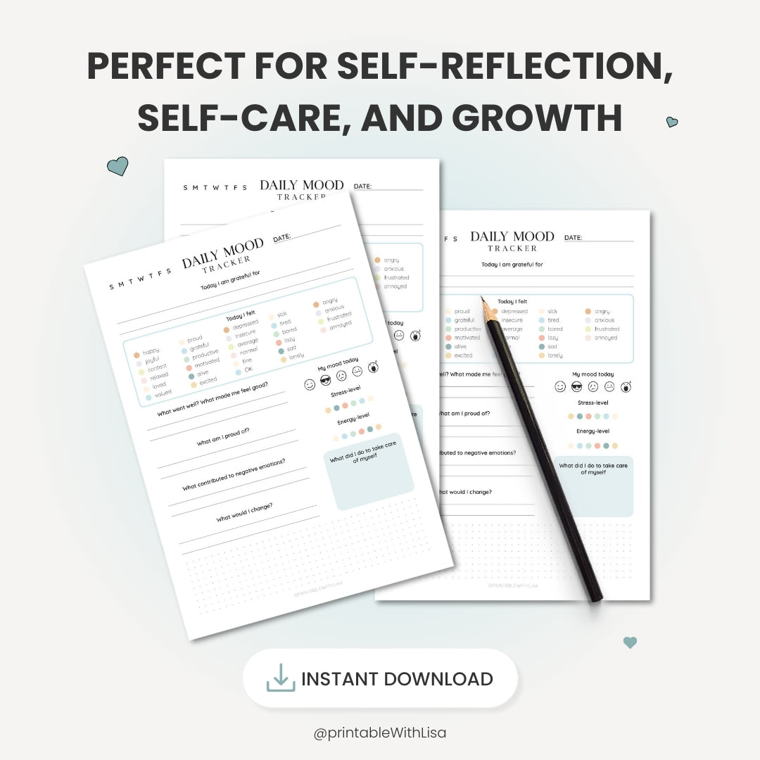 Daily Mood Tracker Printable, Self Care Journal, Mood Journal, Mental Health Tracker, Anxiety Tracker