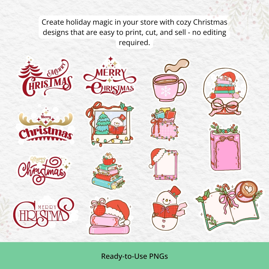 Christmas Bookish PNG Bundle – Cozy Book Lover Clipart Set