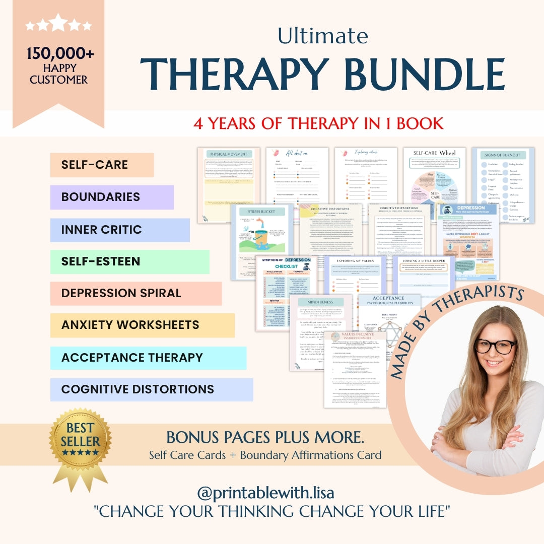 Therapy Worksheet Bundle, Psychology Resources, Inner Critic, Boundaries, Trauma, Acceptance Therapy, Safety Plan, Planner, Affirmations, GAD