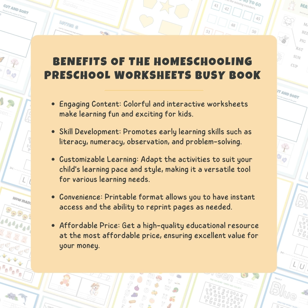 HOMESCHOOLING Kindergarten Busy Book, 90% Off! | 200+ Preschool & Toddler Worksheets | Kindergarten Curriculum | Level 1 - Pre-K Printables | Toddler Activity Book
