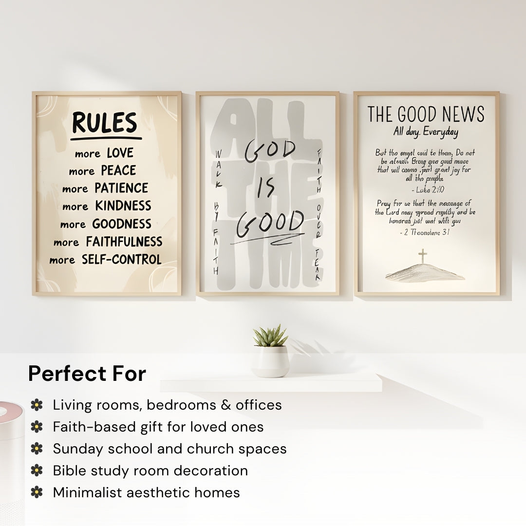 Set of 3 Christian Wall Art – God Is Good, Rules & The Good News