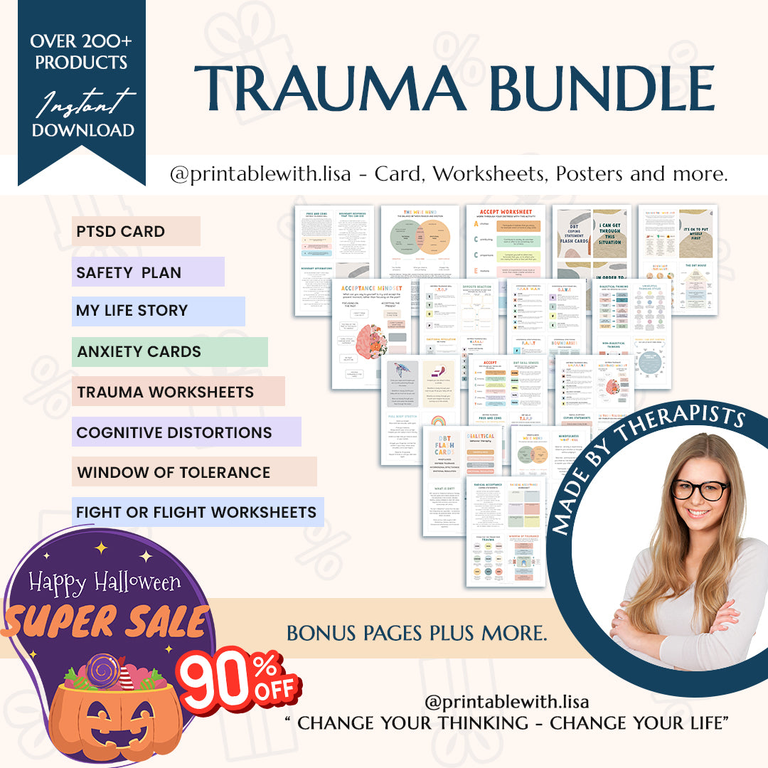 Trauma therapy 90% off bundle, anxiety coping skill card, therapy worksheets, crisis therapy PTSD, anxiety therapy tool, safety plan