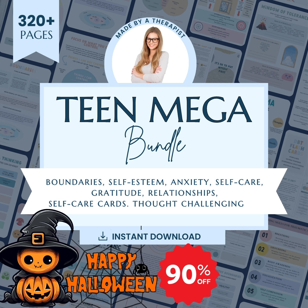 Teen mega 90% off bundle, therapy worksheets, healing journey, depression, anxiety, cognitive distortions, affirmations, boundaries