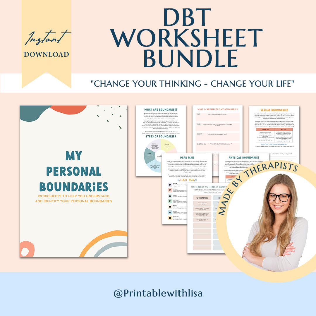 Mental Health / Anxiety Bundle 90% off bundle, DBT Flash Card, DBT Cheat Sheet, DBT Worksheet, Mental Health Journal, Self-Care Planner, Anxiety Journal