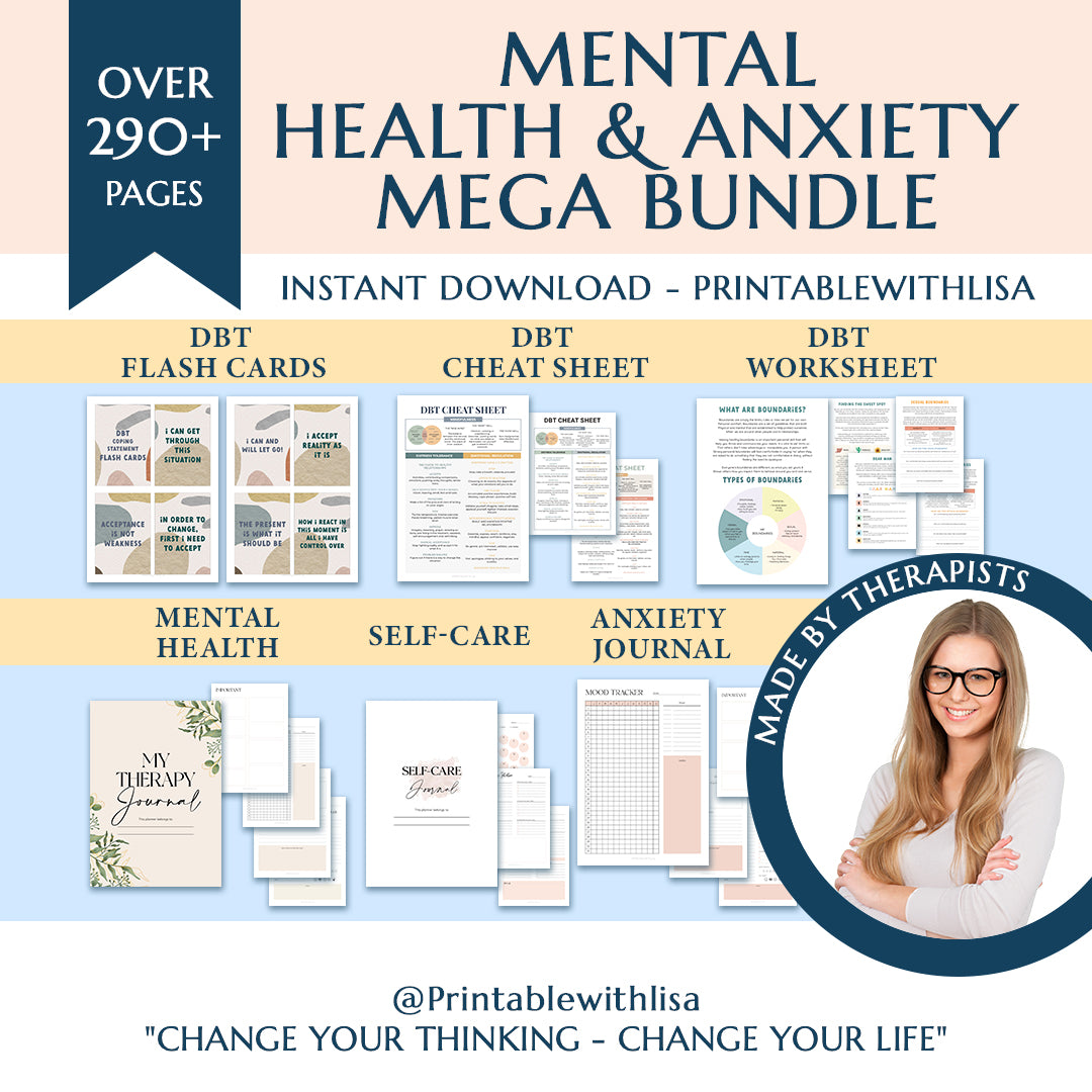 Mental Health / Anxiety Bundle 90% off bundle, DBT Flash Card, DBT Cheat Sheet, DBT Worksheet, Mental Health Journal, Self-Care Planner, Anxiety Journal