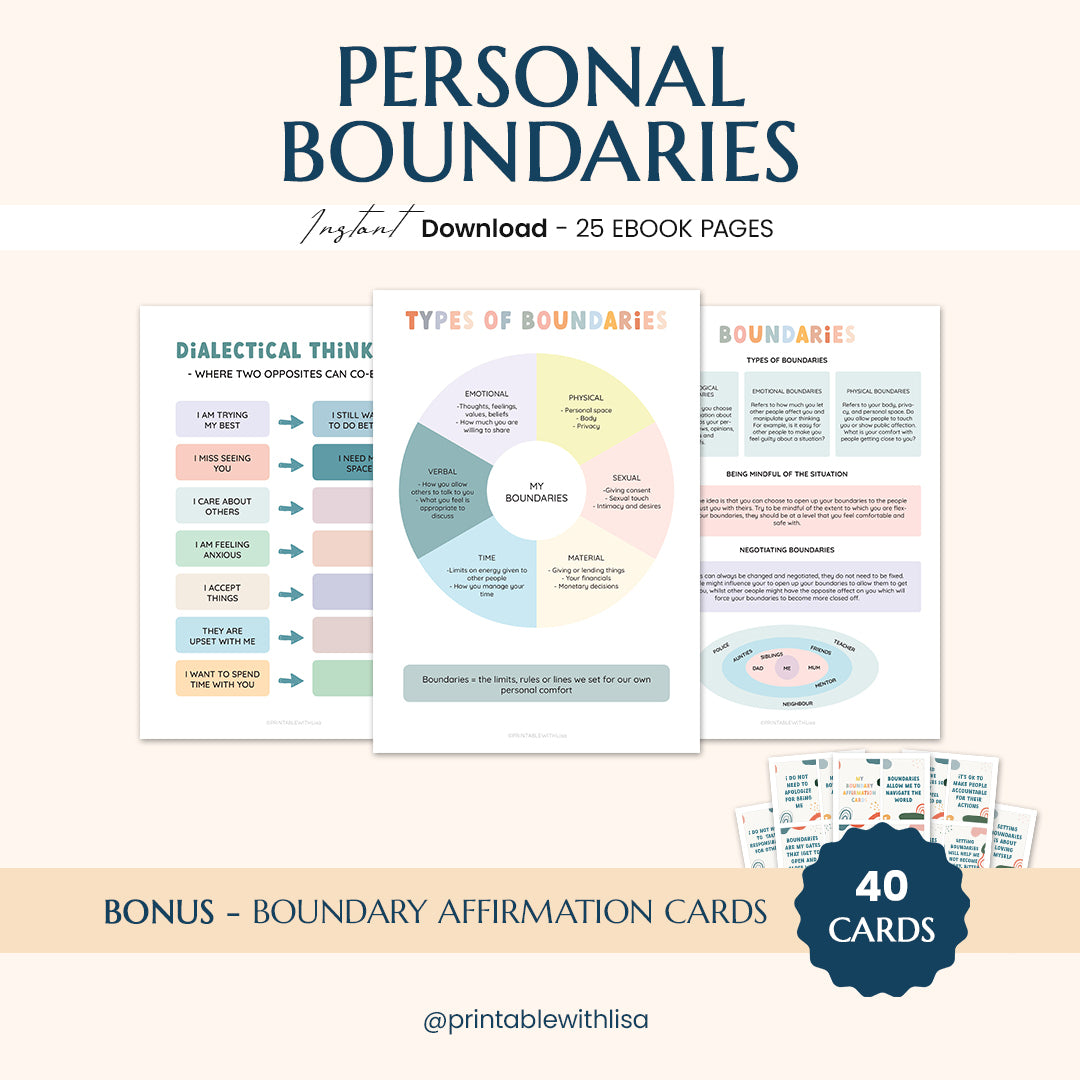 Therapy Worksheet Bundle, Psychology Resources, Inner Critic, Boundaries, Trauma, Acceptance Therapy, Safety Plan, Planner, Affirmations, GAD