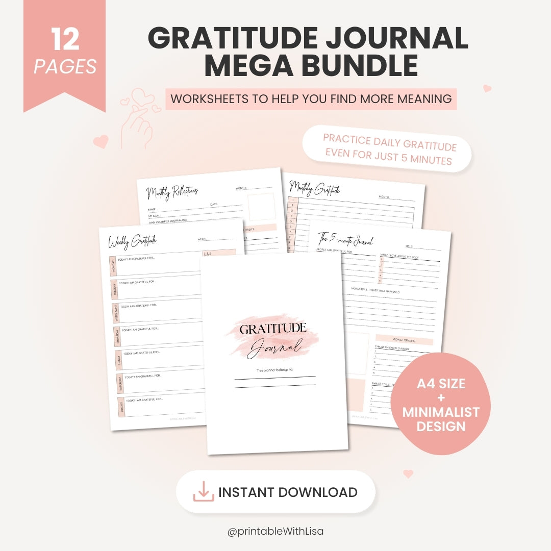 Gratitude Journal Printable Bundle, Wellness Planner, Mindfulness Journal, Self Care Planner, Manifest Your Dreams, Law of Attraction