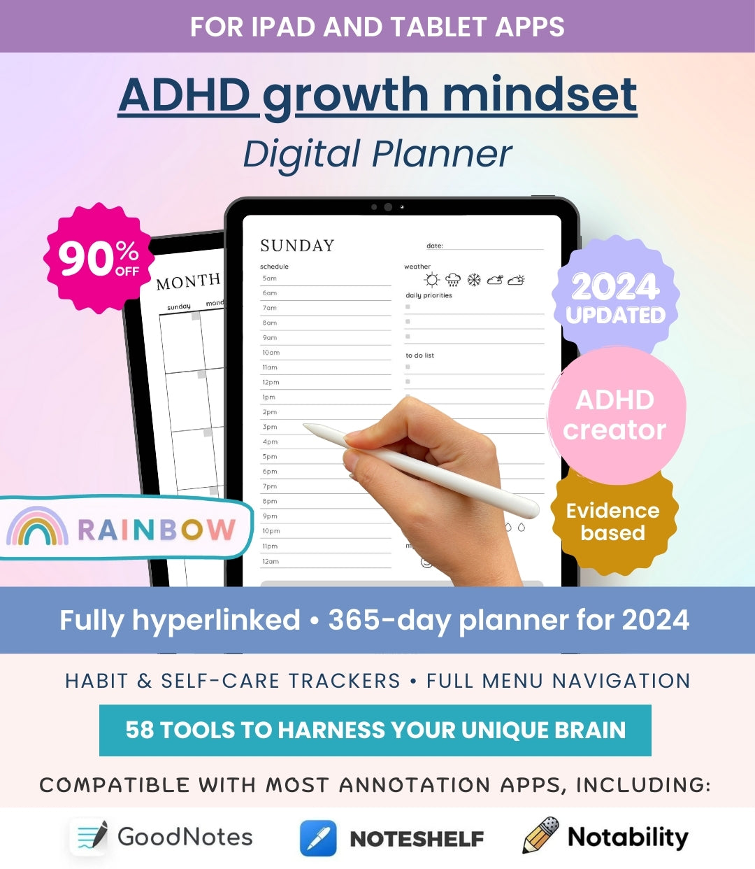 ADHD Digital Planner (made by an ADHDer based on Science ) for iPad, Goodnotes + Android. Self care & habit tracker.