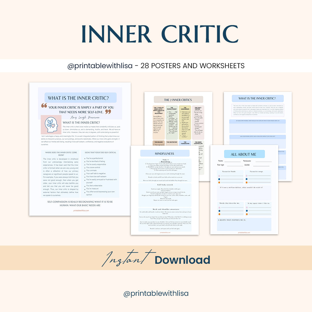 Therapy Worksheet Bundle, Psychology Resources, Inner Critic, Boundaries, Trauma, Acceptance Therapy, Safety Plan, Planner, Affirmations, GAD