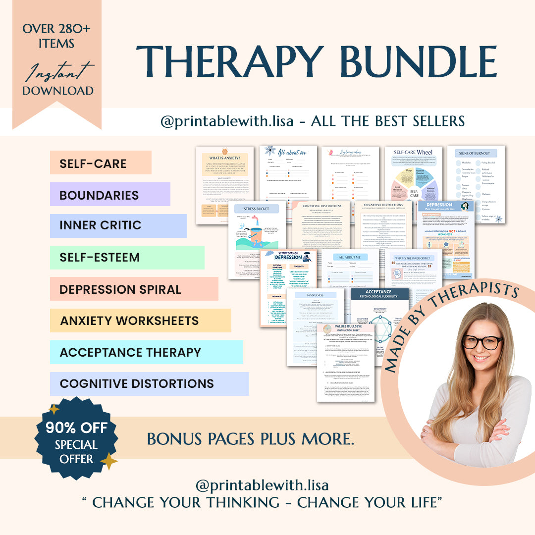 Therapy Worksheet 90% Off Bundle, Psychology Resources, Inner Critic, Boundaries, Trauma, Acceptance Therapy, Safety Plan, Planner, Affirmations, GAD