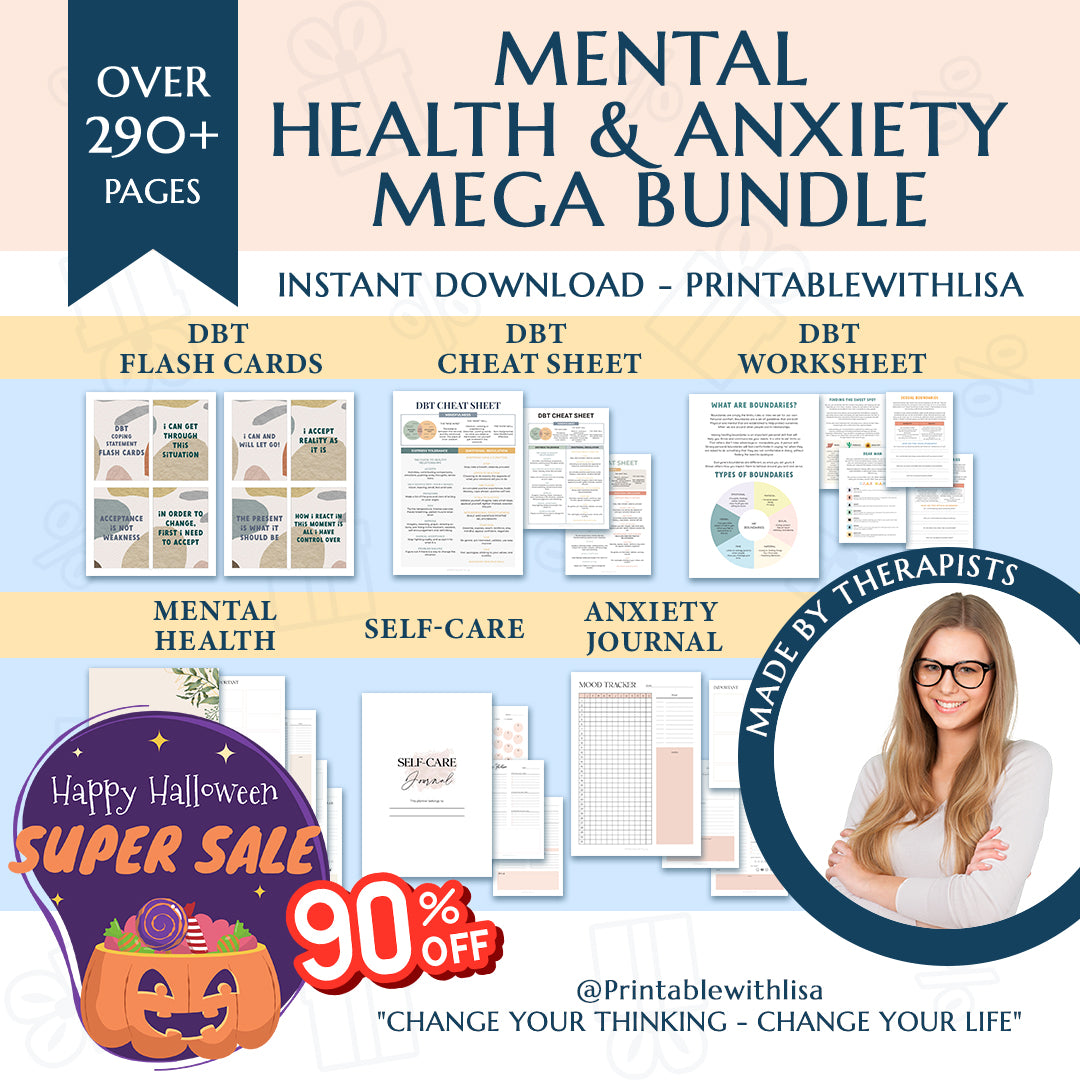 Mental Health / Anxiety Bundle 90% off bundle, DBT Flash Card, DBT Cheat Sheet, DBT Worksheet, Mental Health Journal, Self-Care Planner, Anxiety Journal