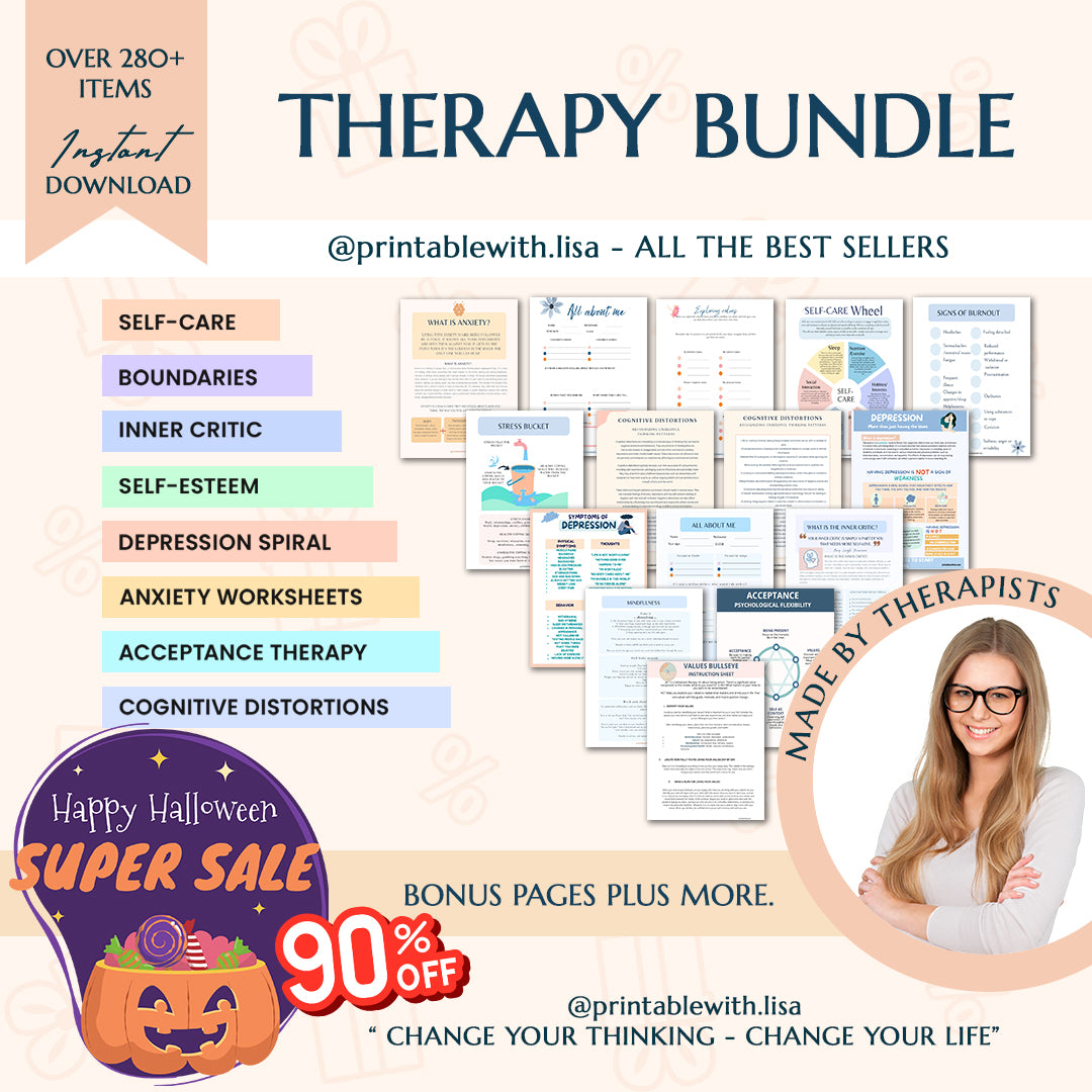 Therapy Worksheet 90% Off Bundle, Psychology Resources, Inner Critic, Boundaries, Trauma, Acceptance Therapy, Safety Plan, Planner, Affirmations, GAD