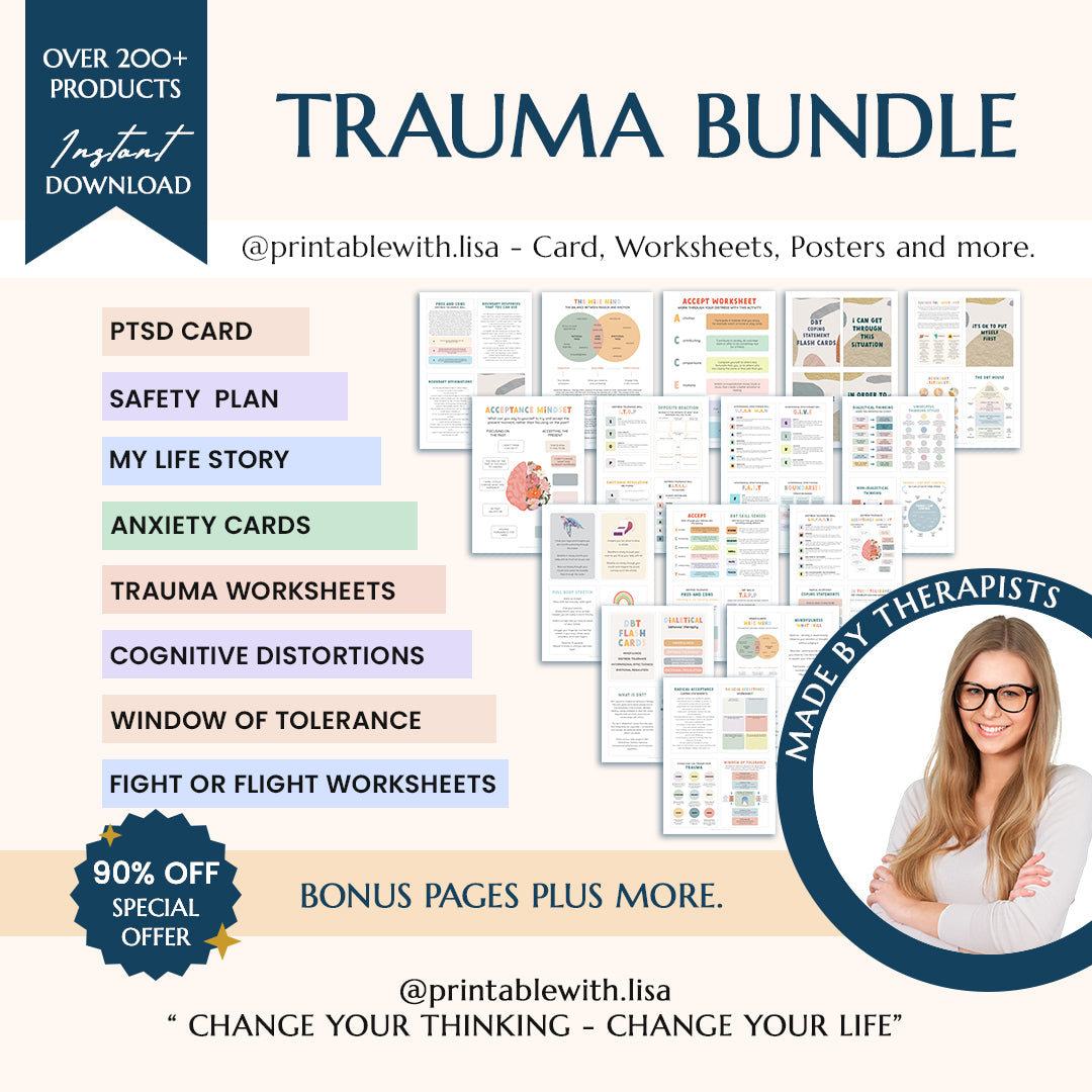 Trauma therapy 90% off bundle, anxiety coping skill card, therapy worksheets, crisis therapy PTSD, anxiety therapy tool, safety plan