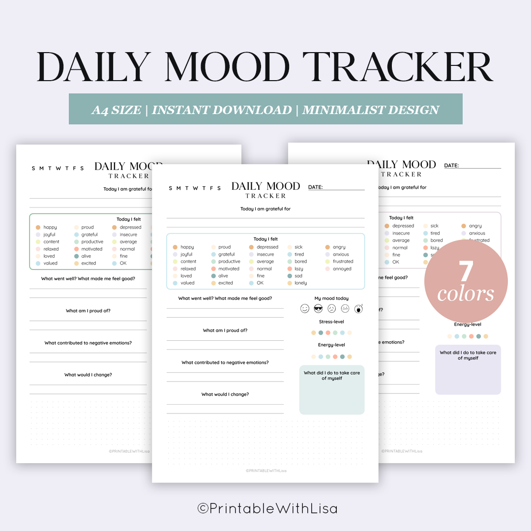 Daily Mood Tracker Printable, Self Care Journal, Mood Journal, Mental Health Tracker, Anxiety Tracker