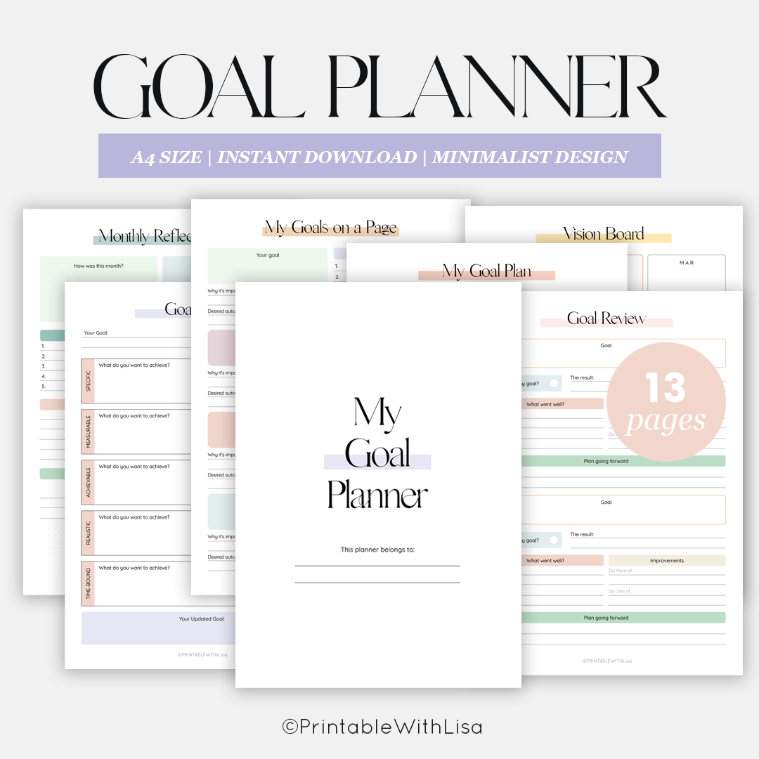 Goal Planner Kit, Goals Tracker, SMART Goal Setting, New Year, Monthly Habits Reflections, Productivity
