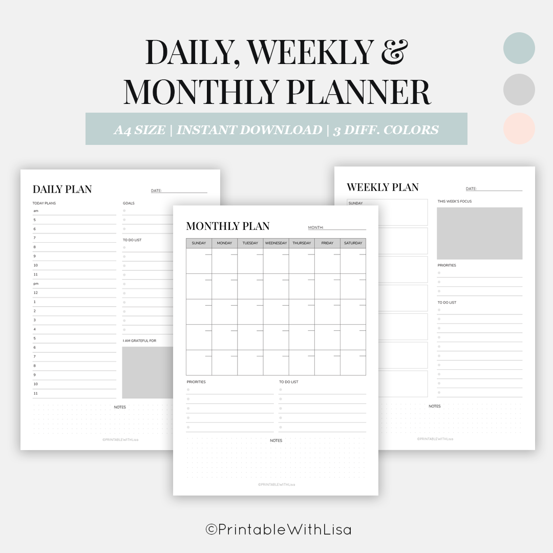 Daily Planner, Weekly Planner, Monthly Planner, Printable planner set