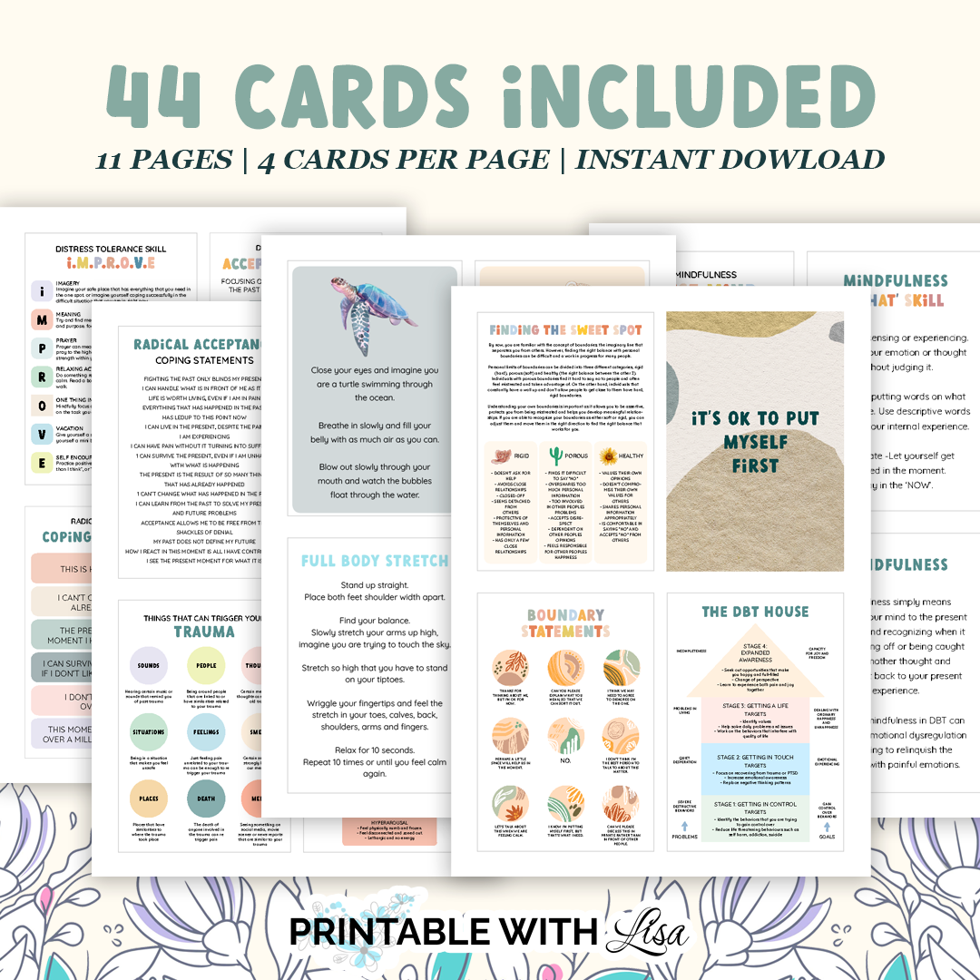 DBT Coping Skills Flash Cards | 44 Printable Therapy Cards for Anxiety, Emotional Regulation & Mindfulness