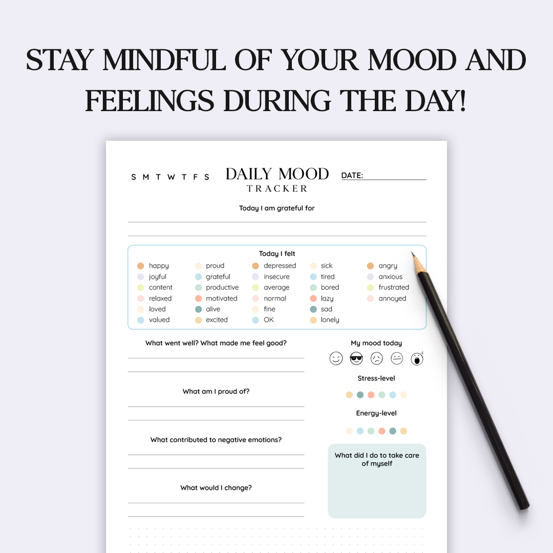 Daily Mood Tracker Printable, Self Care Journal, Mood Journal, Mental Health Tracker, Anxiety Tracker