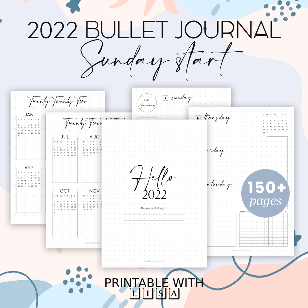 2022 Bullet Journal, Sunday Start, Dotted Grid, Printable BUJO