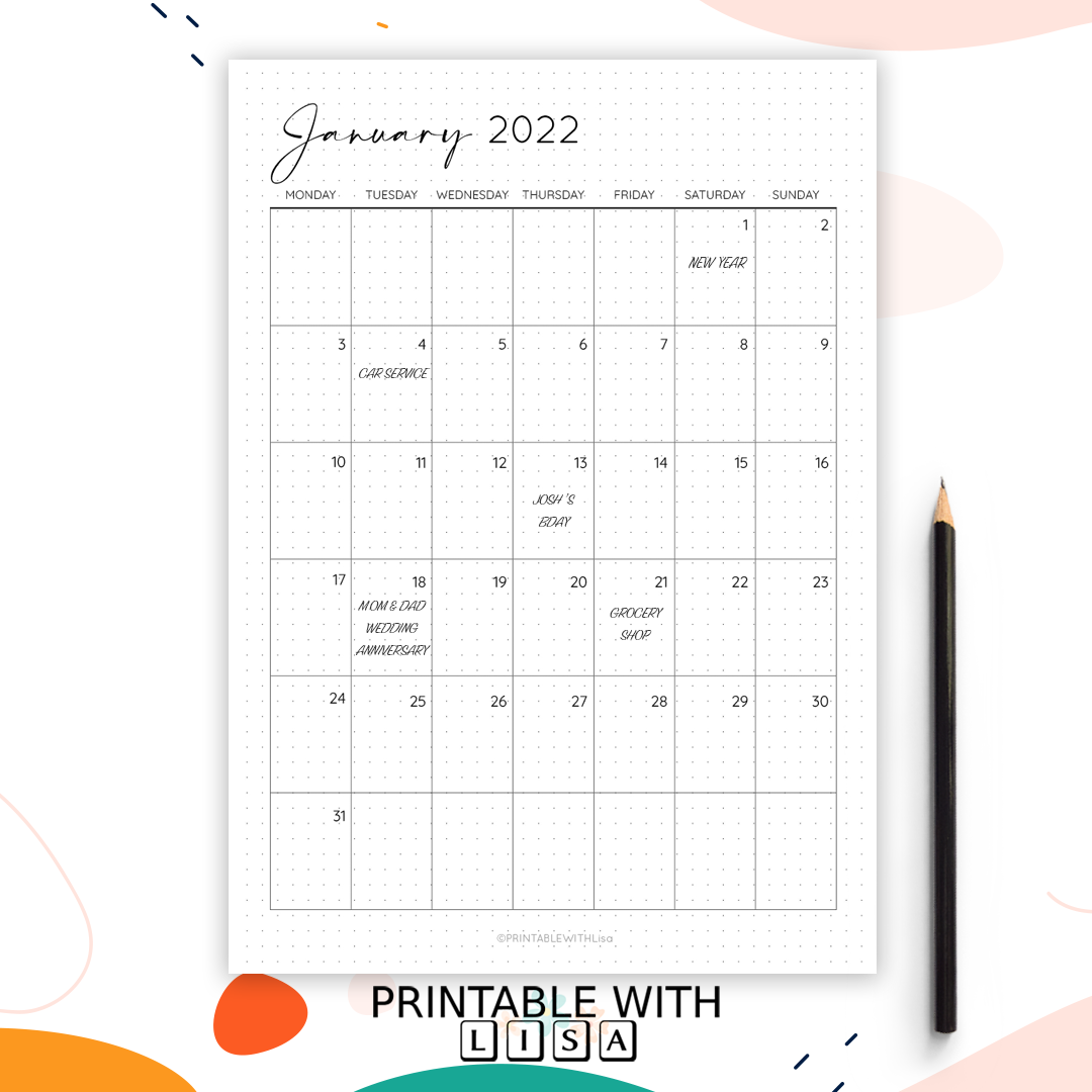 2022 Bullet Journal, Monday Start, Dotted Grid, Printable BUJO