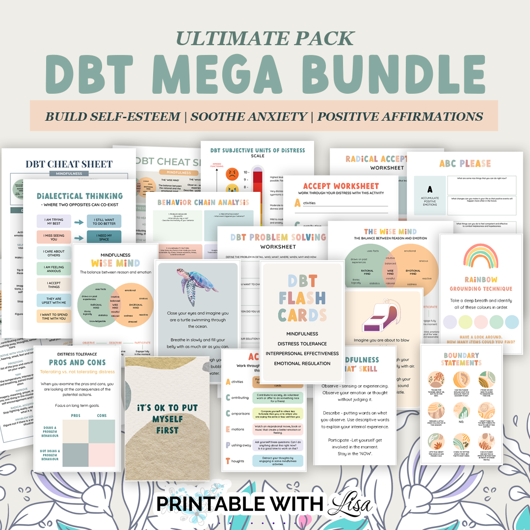 DBT Mega Bundle, DBT Skills, DBT Workbook, Therapy Worksheet, Therapy Tools, DBT Flash Cards, DBT Cheat Sheet - US